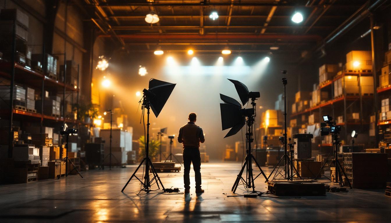 A photograph of a lighting engineer analyzing a well-lit warehouse space