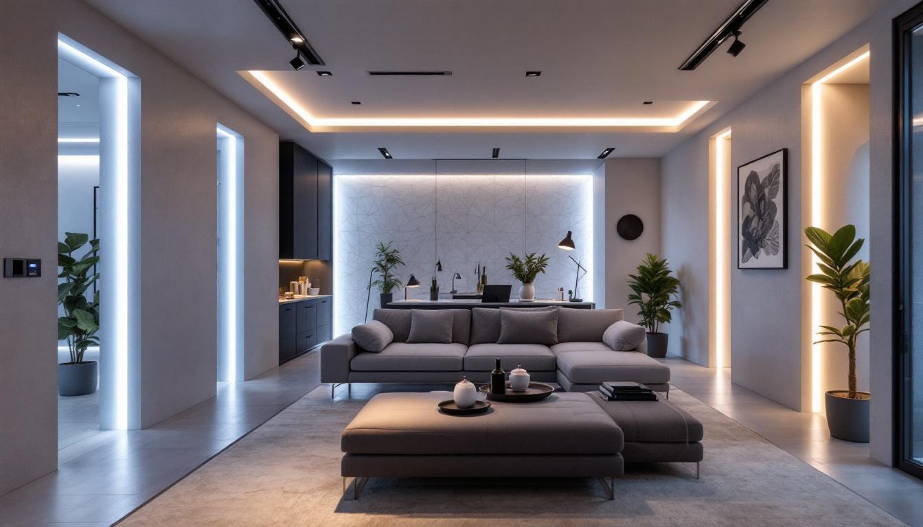 A photograph of capture a photograph of a modern interior space featuring sleek led cove lighting that highlights architectural details