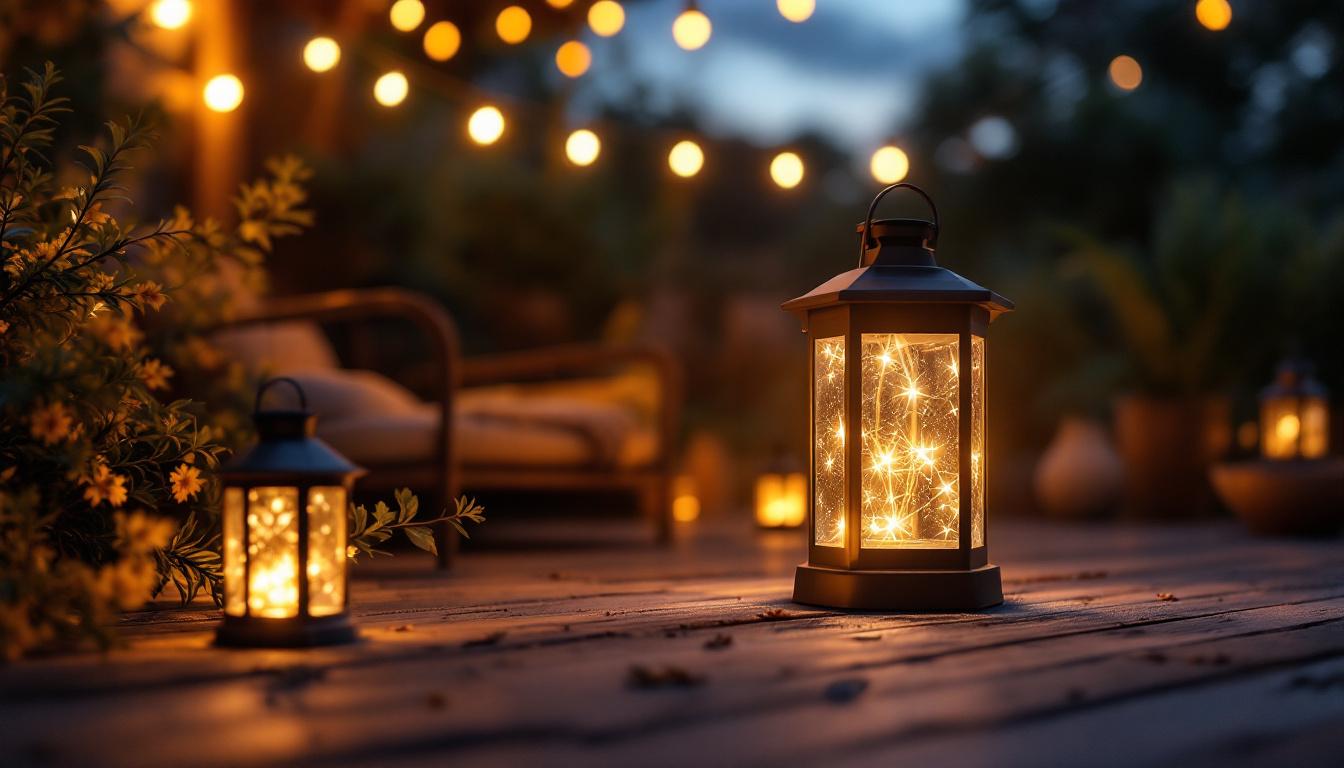 A photograph of a beautifully lit outdoor space featuring solar lanterns