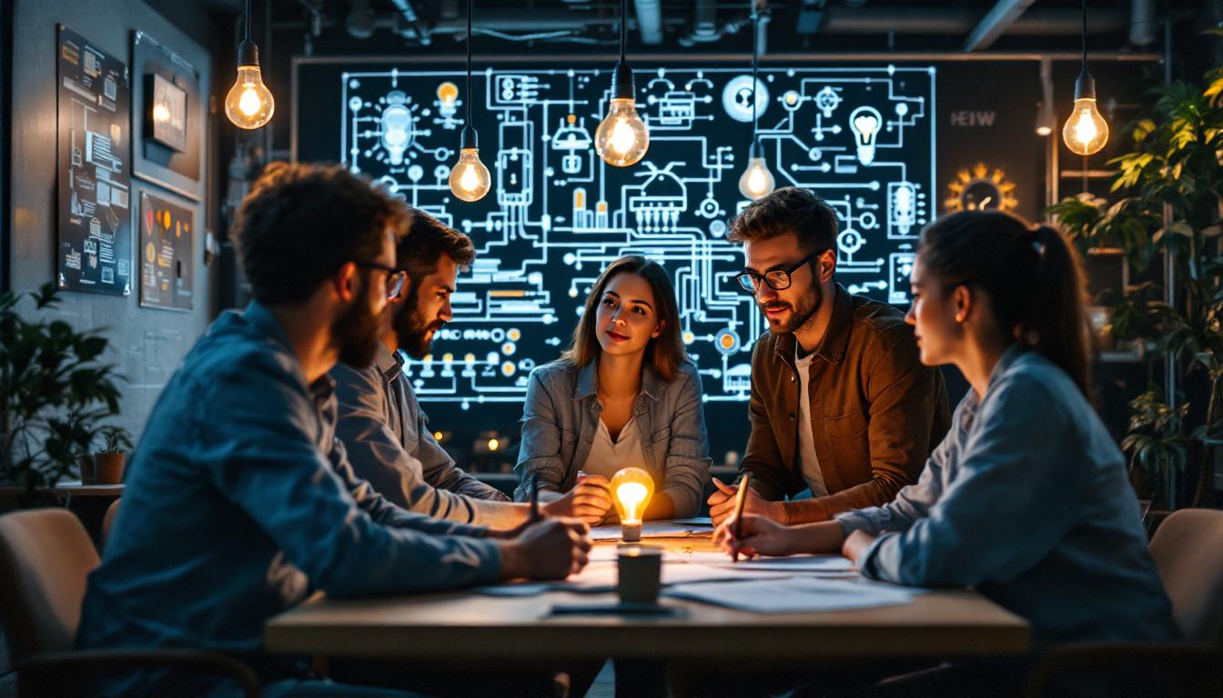 A photograph of a diverse group of electrical engineers engaged in a collaborative brainstorming session