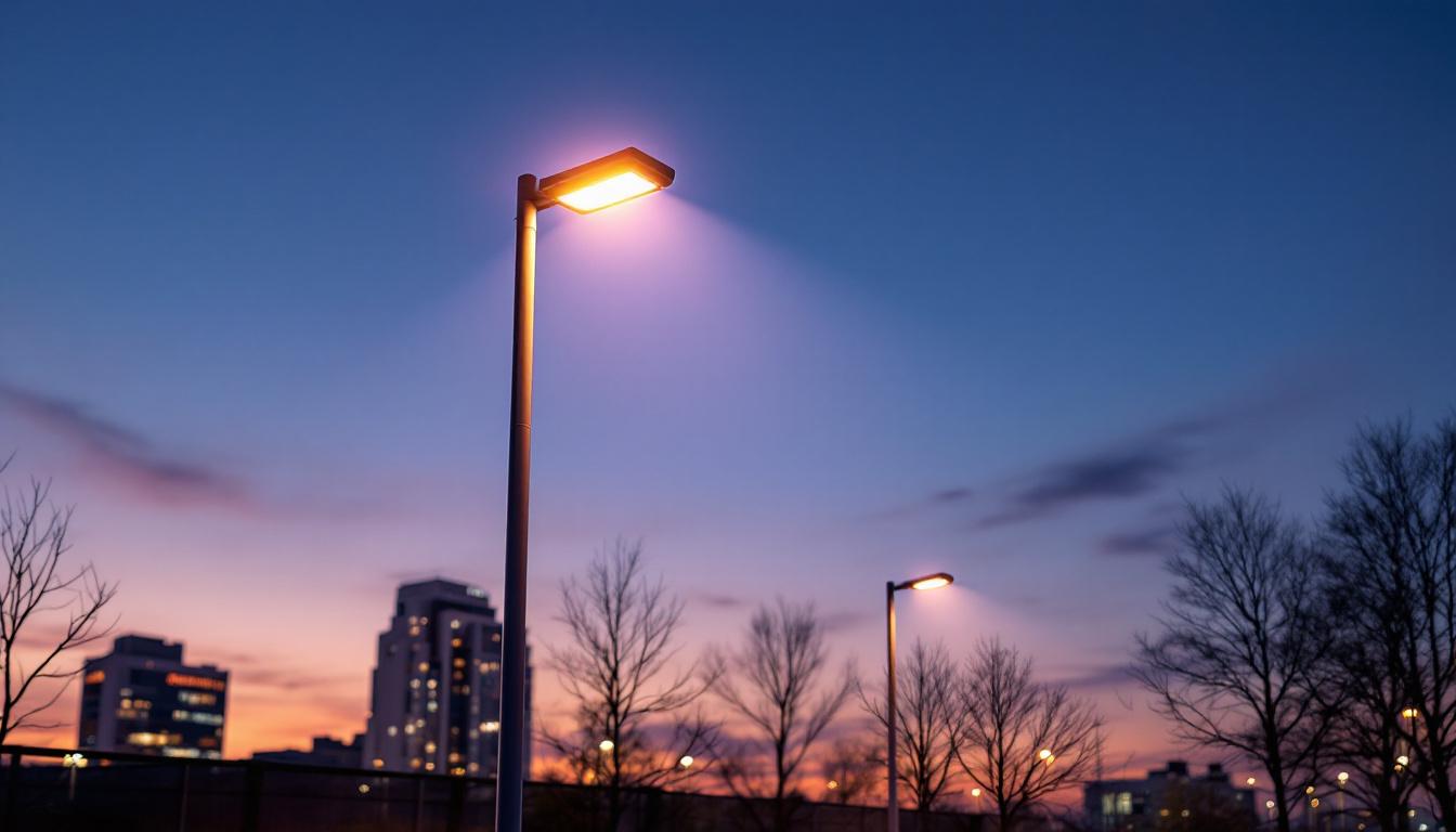 A photograph of a sleek cast aluminum light pole illuminated against a twilight sky