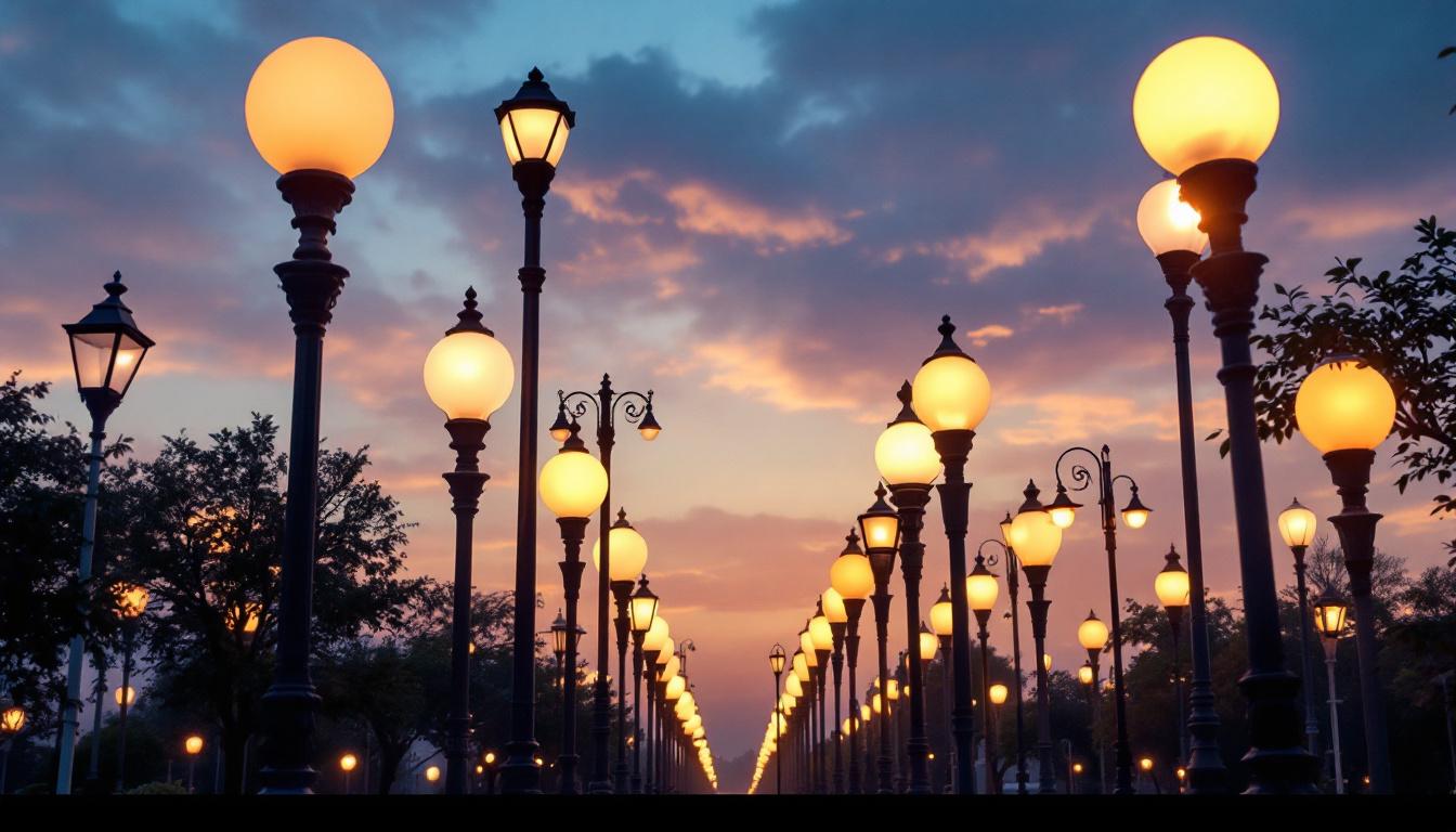 A photograph of a large-scale outdoor lighting installation featuring various styles of light post globes in an urban or park setting