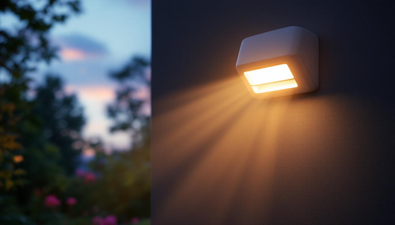 A photograph of a dusk-to-dawn sensor light illuminating a beautifully landscaped outdoor area at twilight