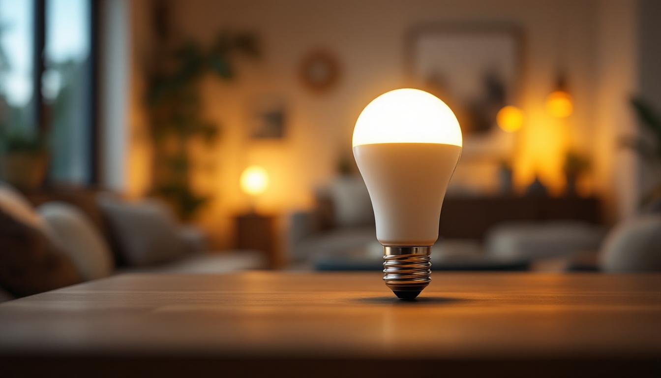A photograph of a large base led bulb glowing brightly in a modern
