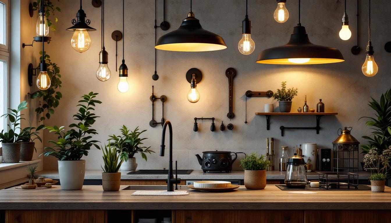 A photograph of a well-lit interior space showcasing various types of lighting fixtures
