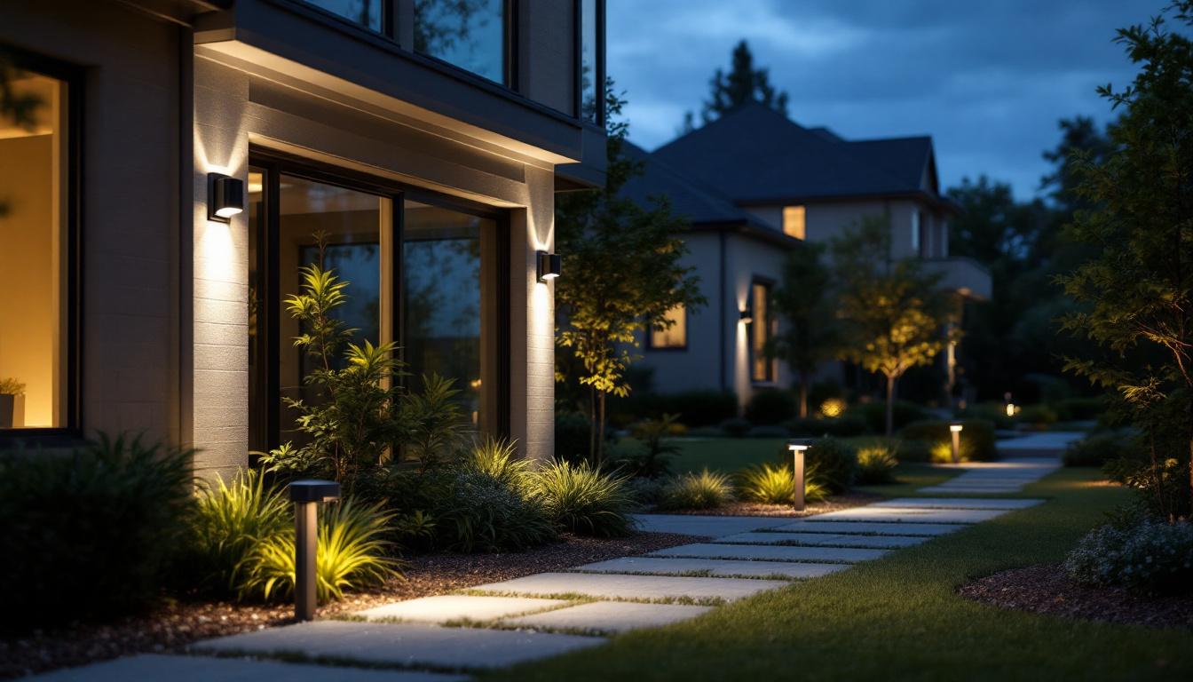 A photograph of a well-lit outdoor space showcasing various types of motion detectors in action