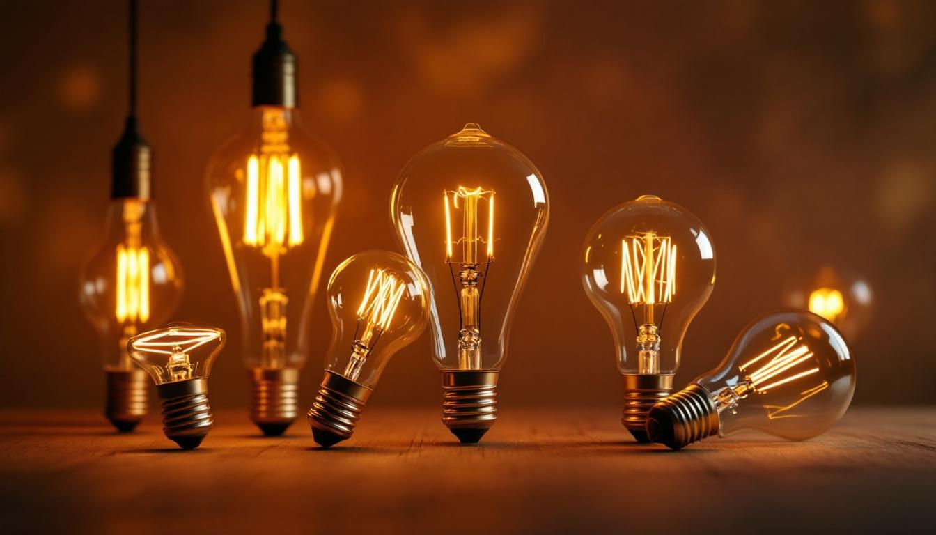 A photograph of a collection of elegantly designed vintage led light bulbs arranged artistically against a warm