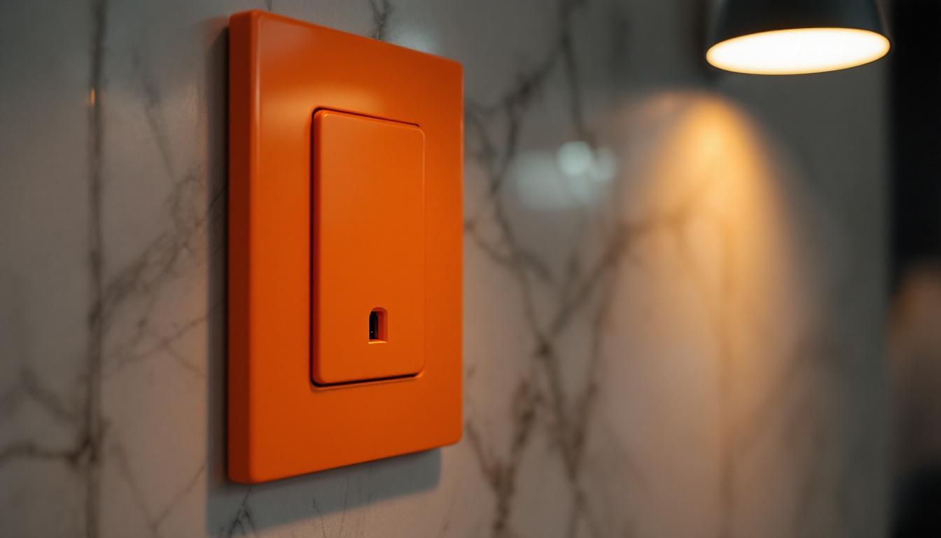 A photograph of a close-up view of a vibrant orange electrical outlet integrated into a modern lighting setup