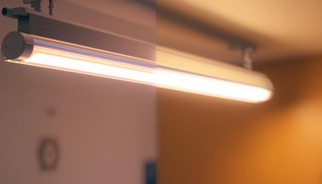 A photograph of a side-by-side comparison of a fluorescent tube fixture and its converted led counterpart