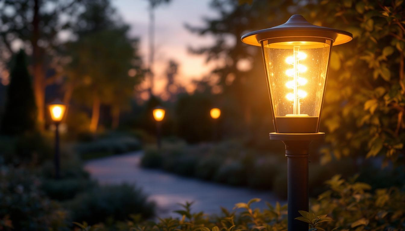 A photograph of a beautifully designed outdoor light post featuring energy-efficient led bulbs