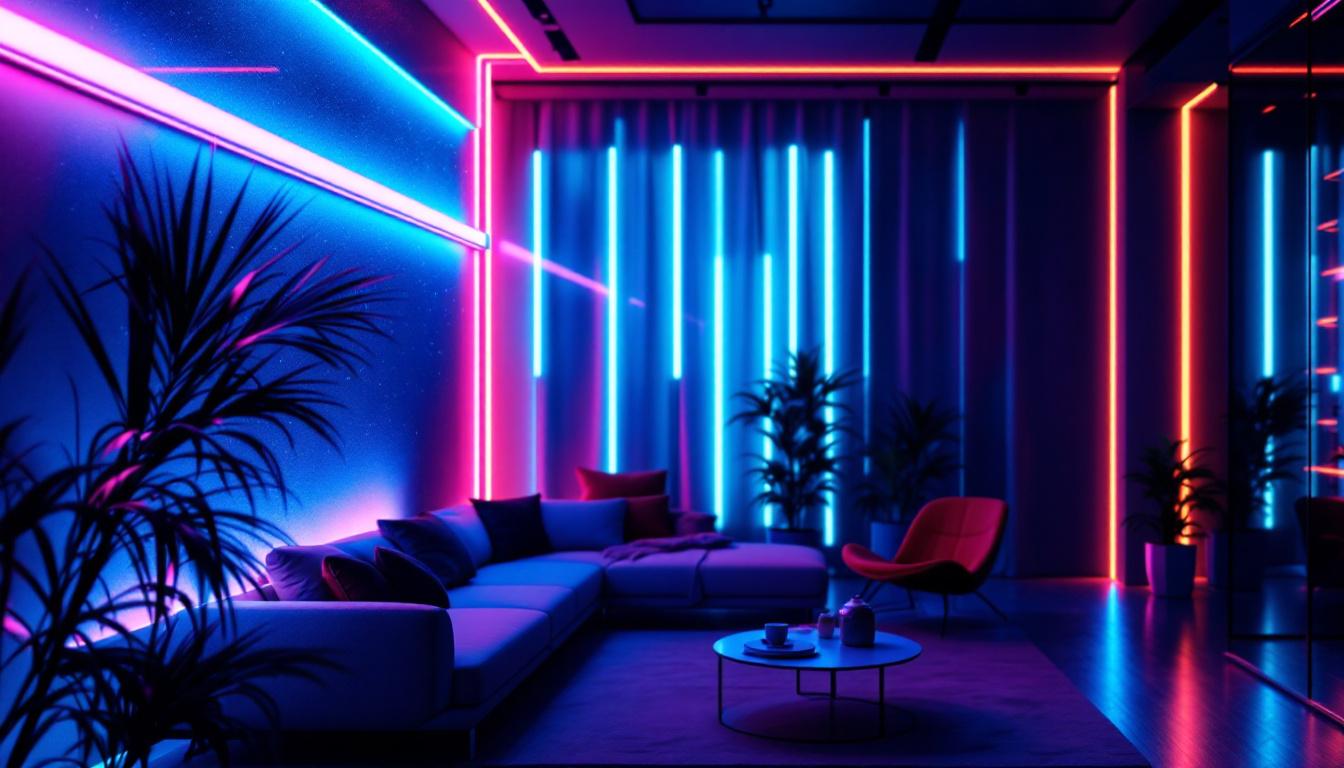 A photograph of a vibrant and visually striking led strip lighting installation in a modern interior setting