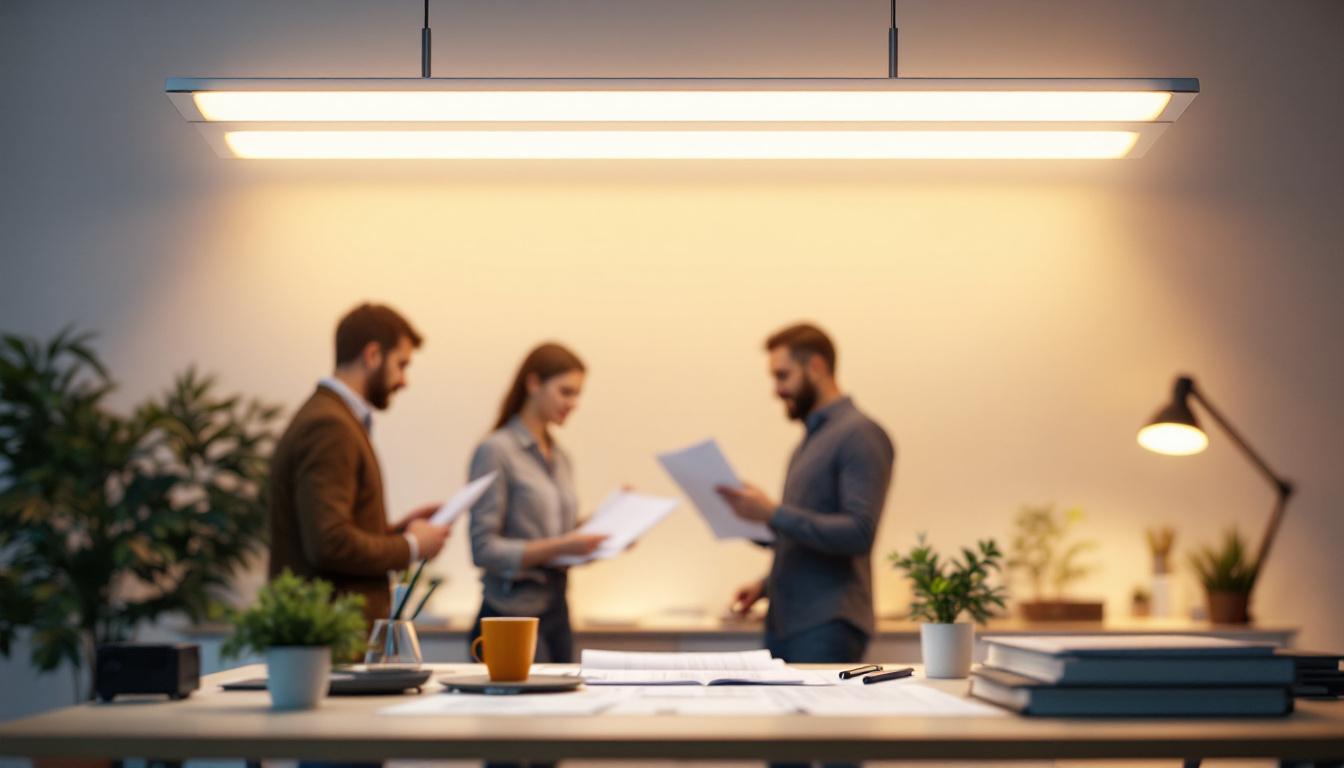 A photograph of a well-lit workspace featuring a 2 lamp fluorescent fixture