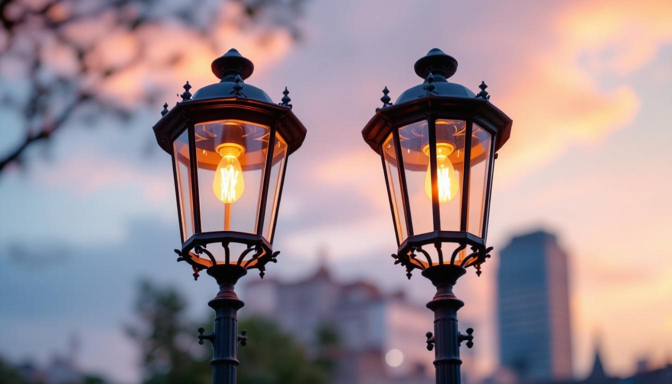 A photograph of a beautifully illuminated gaslamp in an urban setting at dusk
