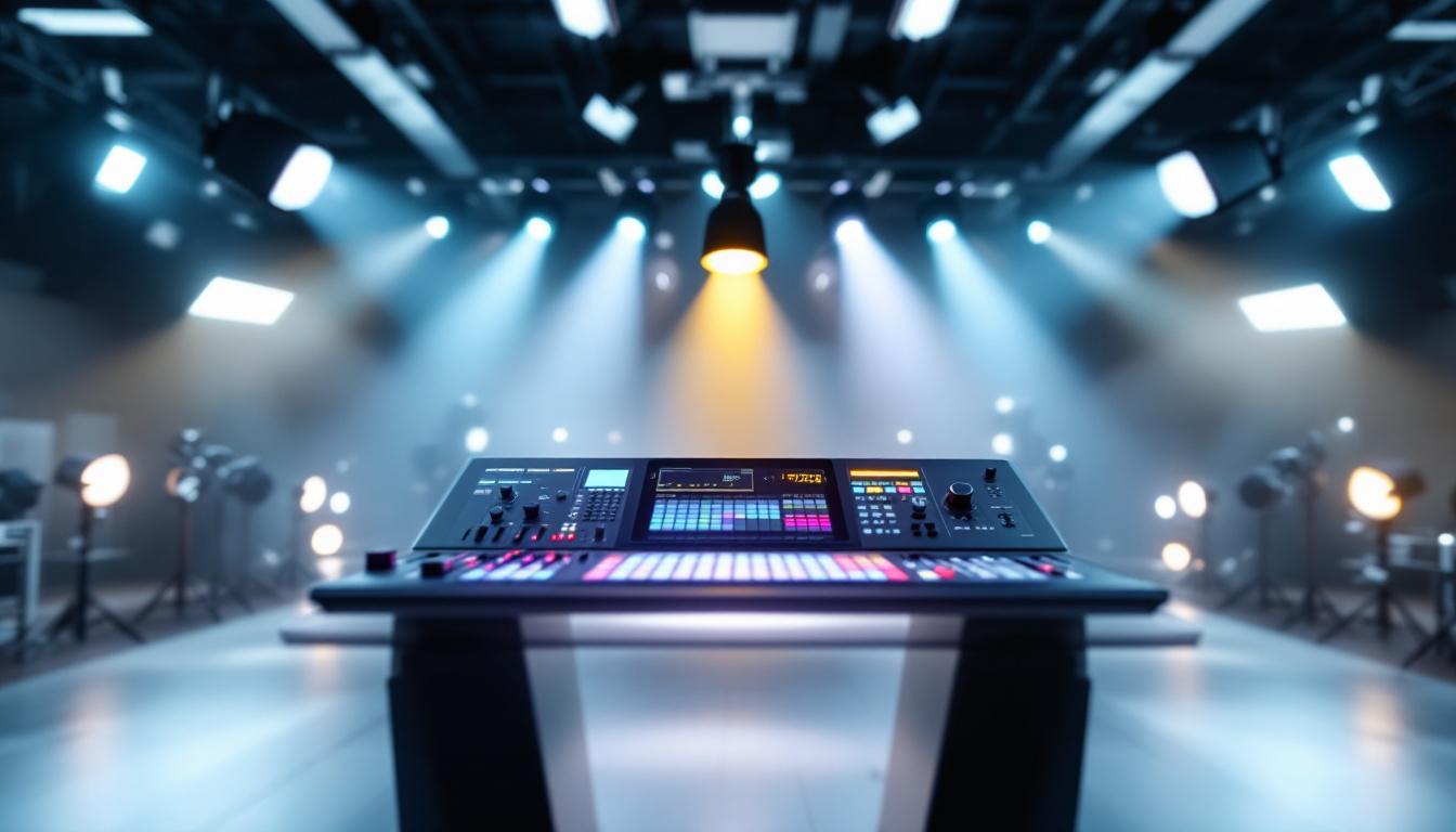 A photograph of a sophisticated lighting control panel surrounded by various advanced lighting fixtures