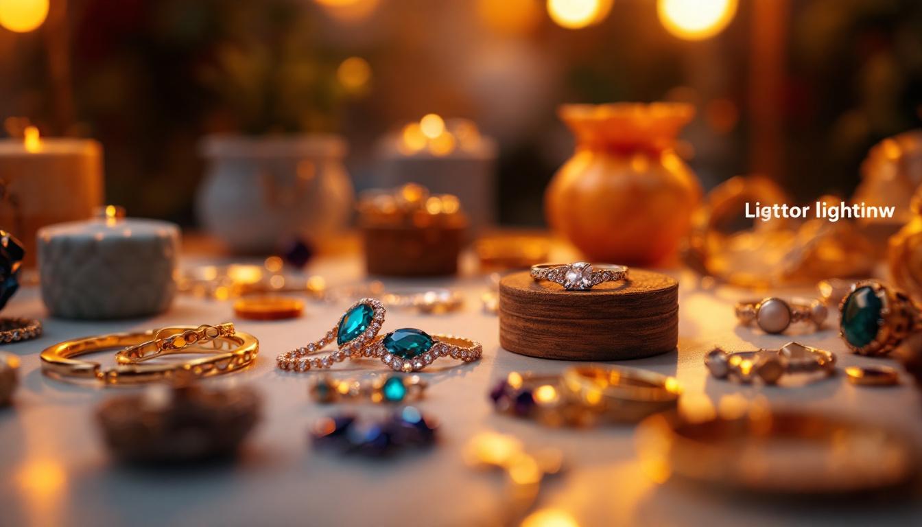 A photograph of a beautifully arranged display of various jewelry pieces under dynamic lighting conditions