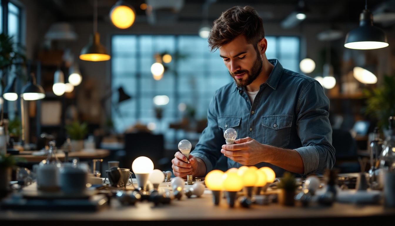 A photograph of a lighting engineer examining a variety of sylvania bulbs in a well-lit workspace