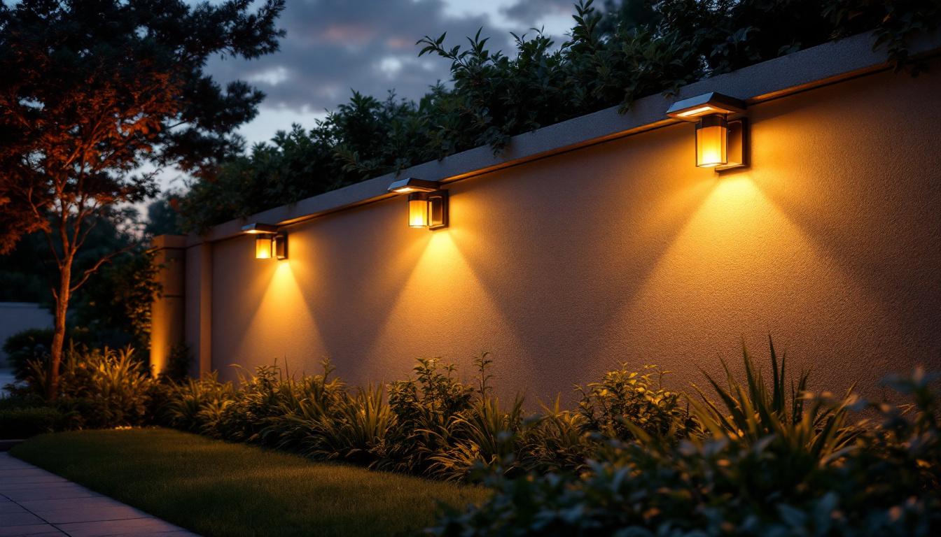 A photograph of a beautifully illuminated outdoor wall featuring stylish solar lights