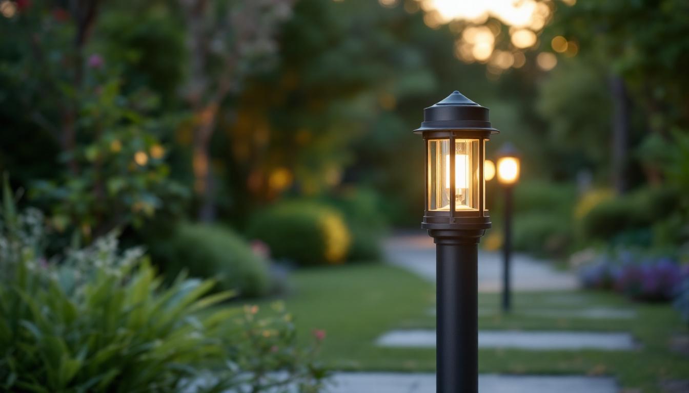 A photograph of a beautifully designed outdoor post mount light installed in a well-lit garden or pathway setting