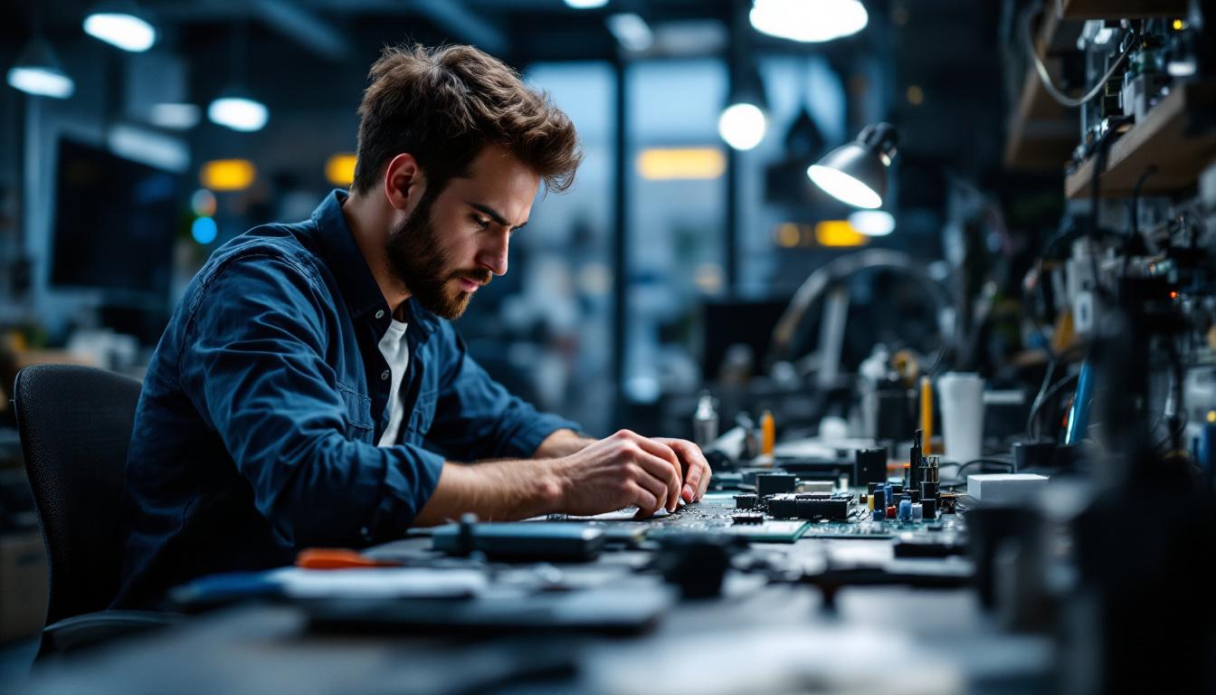 A photograph of a focused electrical engineer working on a circuit board in a well-lit
