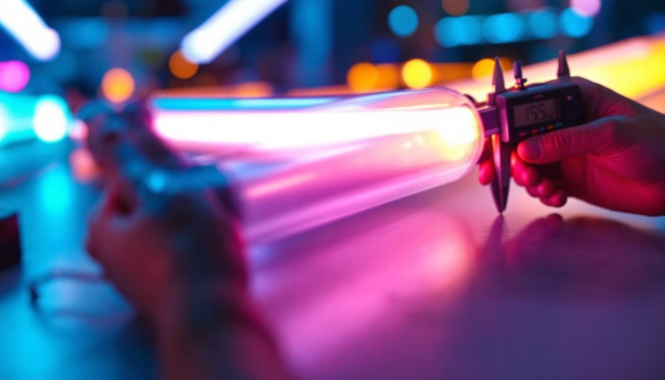 A photograph of a close-up shot of a fluorescent tube being measured with a digital caliper