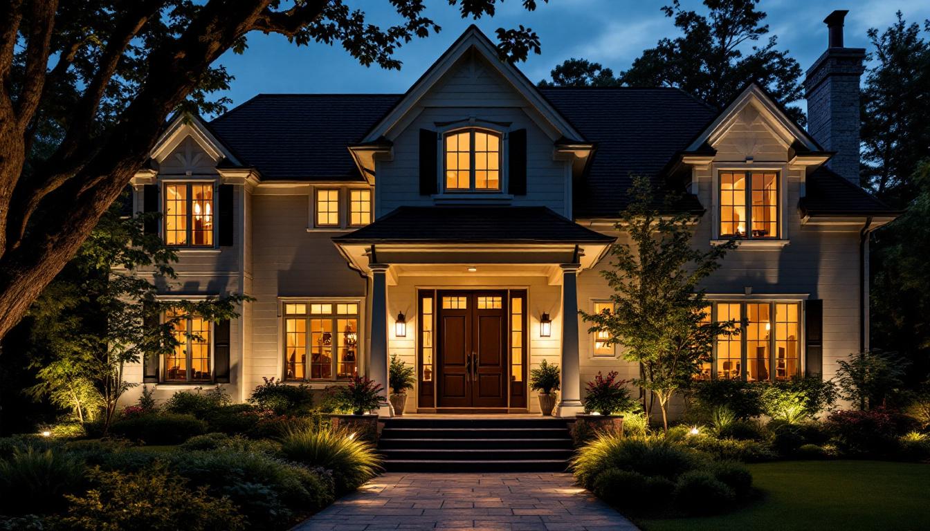 A photograph of a beautifully illuminated exterior of a house at dusk