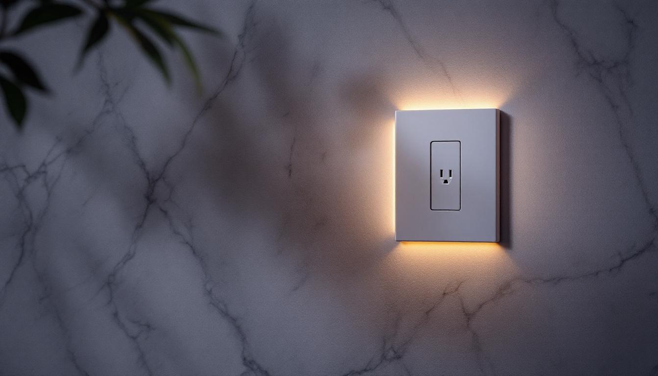 A photograph of a modern electrical outlet box cover integrated into a stylish interior setting