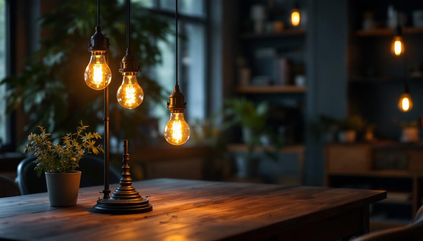 A photograph of a stylishly designed indoor space featuring gas lamps as the primary light source