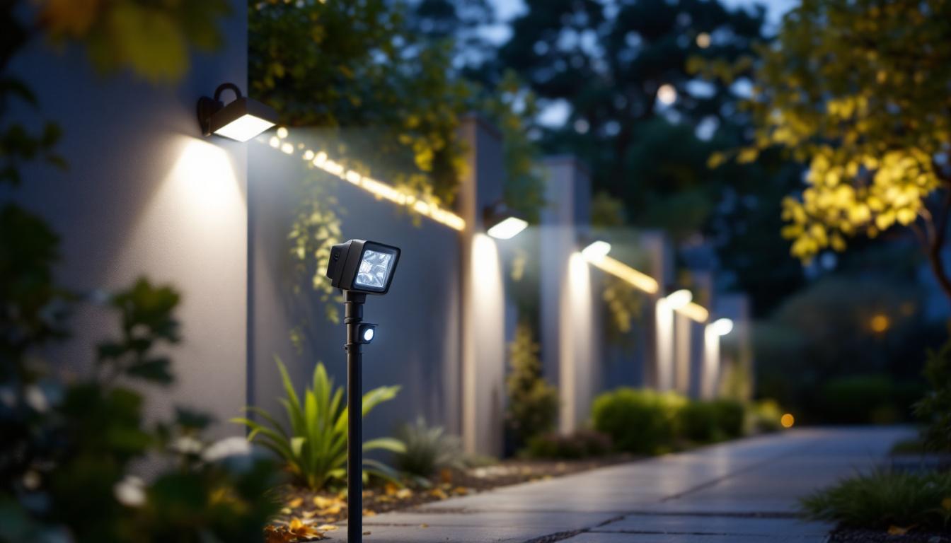 A photograph of a well-lit outdoor area showcasing flood lights with motion sensors in action