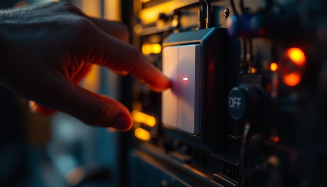 A photograph of a close-up of a modern on-off light switch being operated