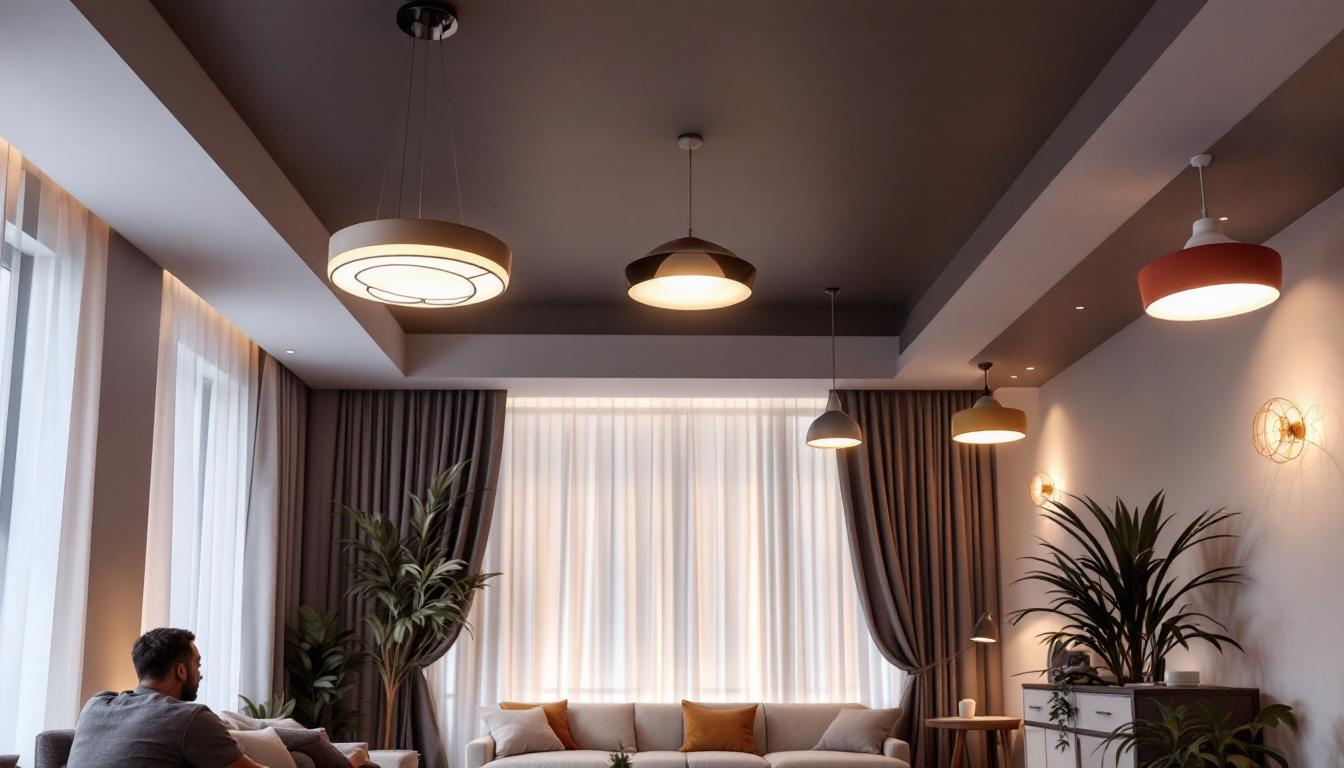 A photograph of a beautifully designed living space featuring a variety of ceiling lights
