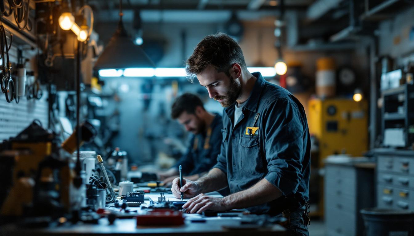 A photograph of a well-lit garage workspace showcasing an electrical engineer at work