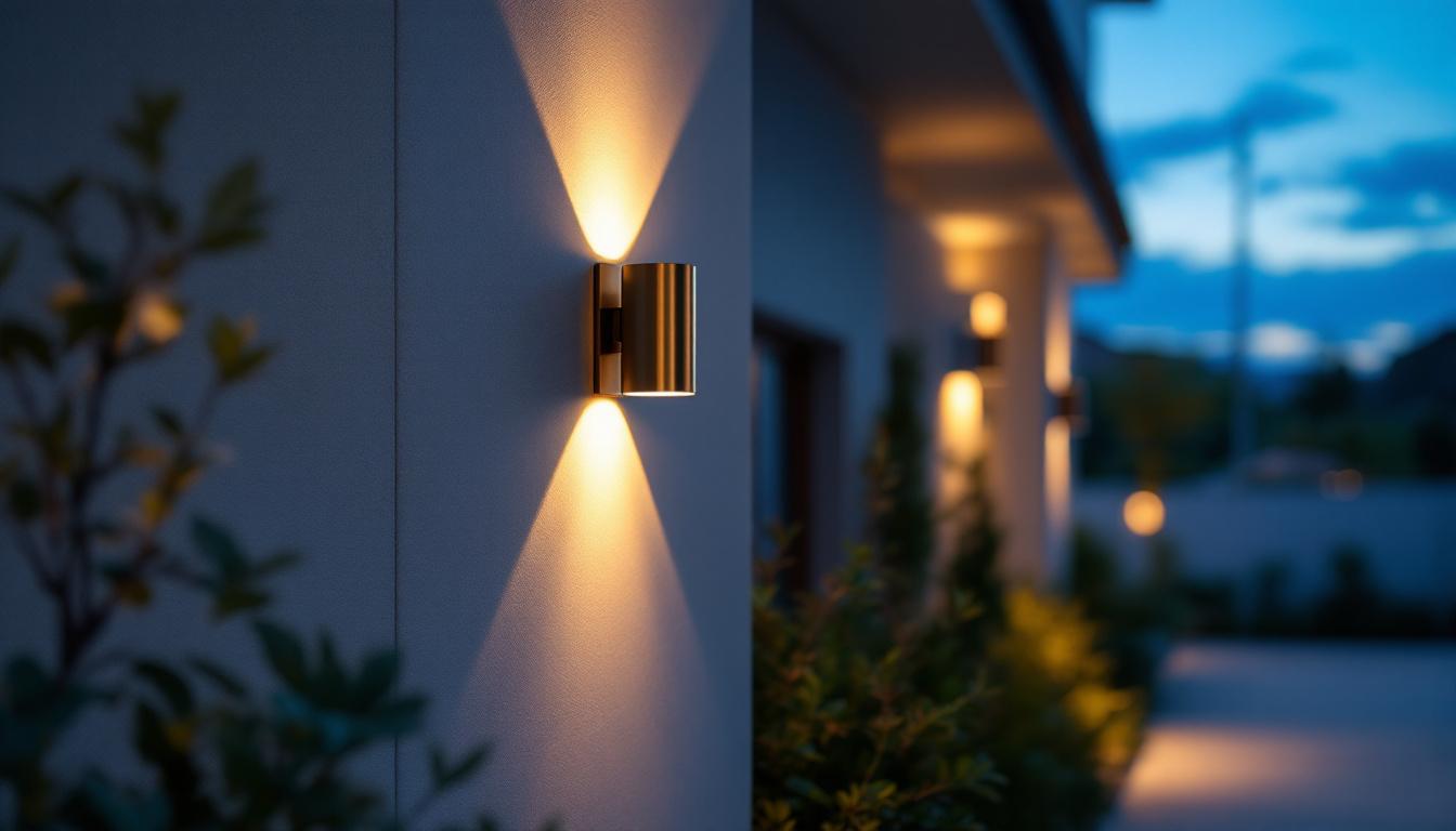 A photograph of a beautifully designed outdoor wall fixture illuminated at dusk