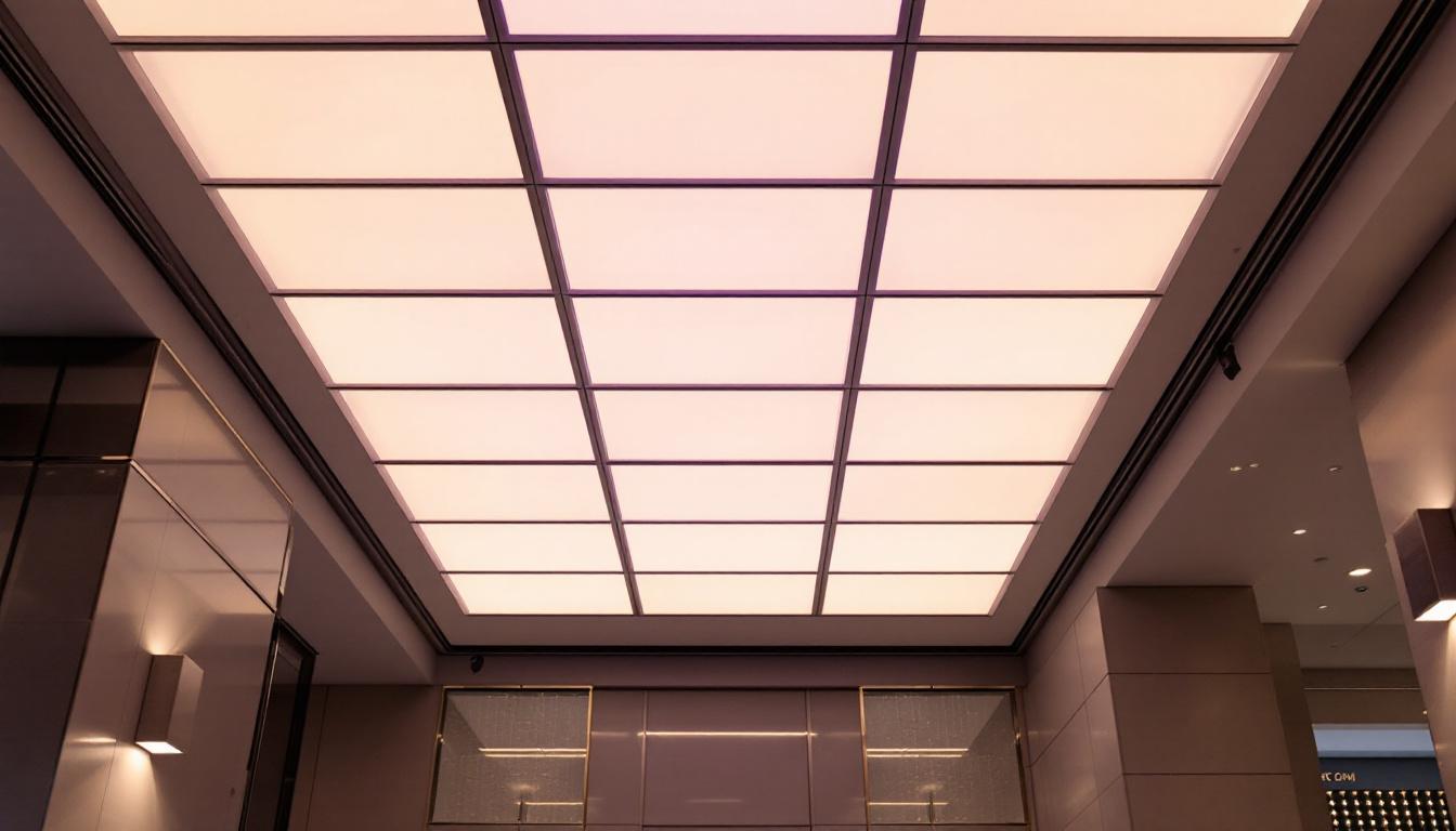 A photograph of a modern interior space showcasing ceiling tiles integrated with led lighting