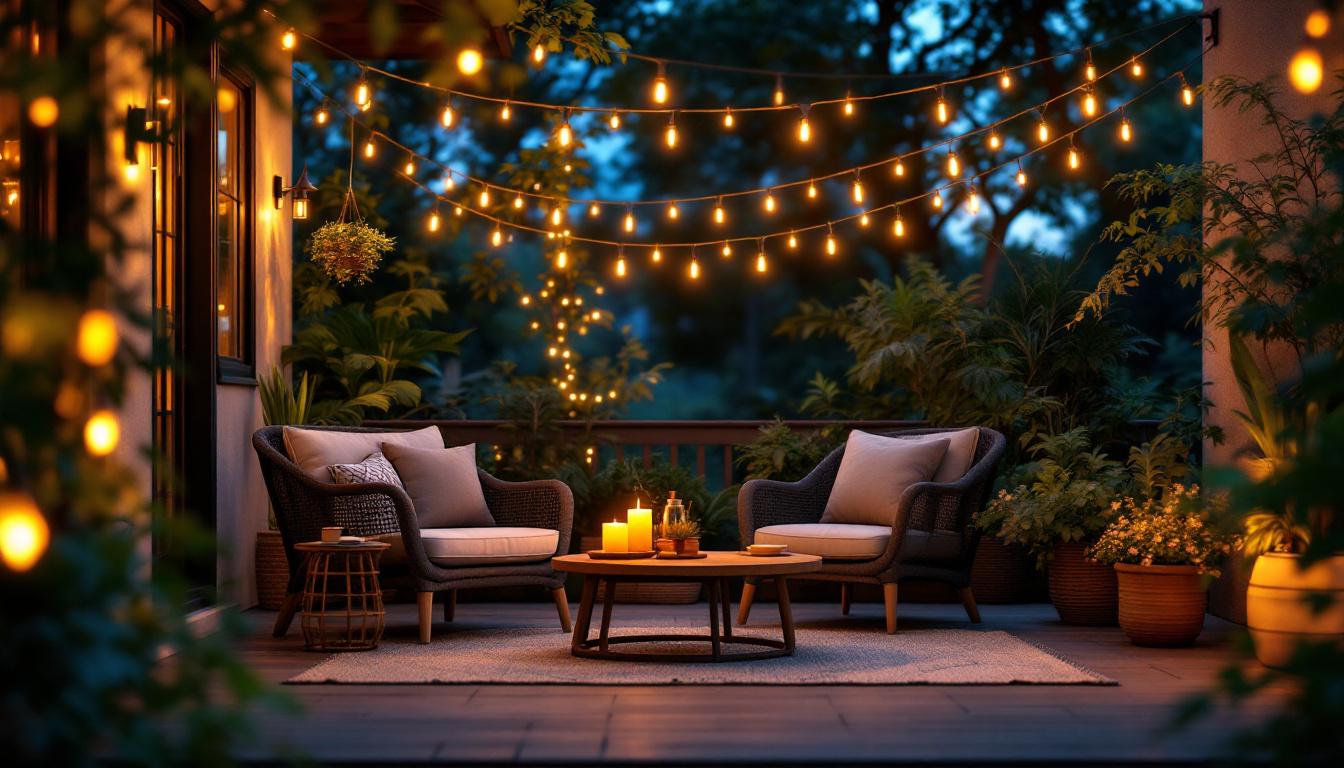 A photograph of a cozy outdoor setting illuminated by warm
