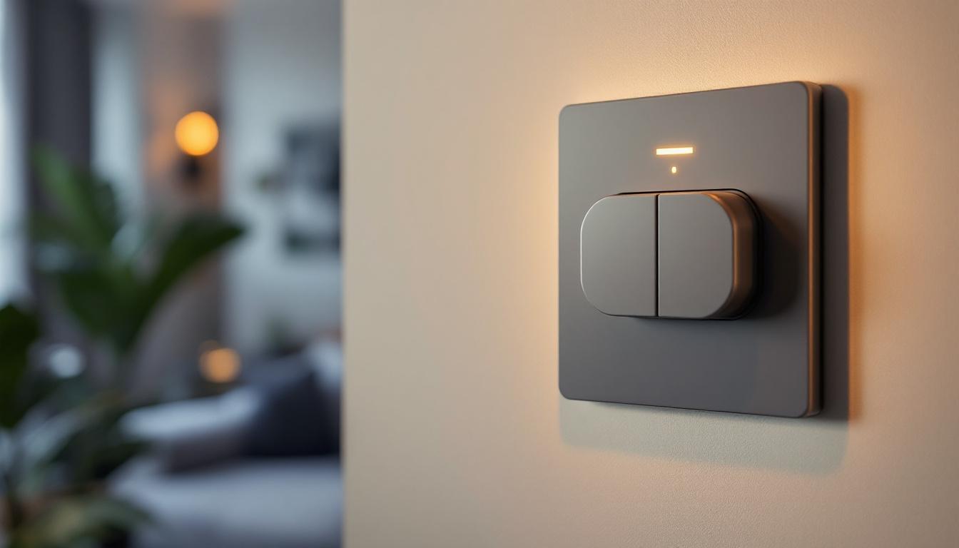A photograph of a modern electrical switch with a timer feature installed in a stylish home setting