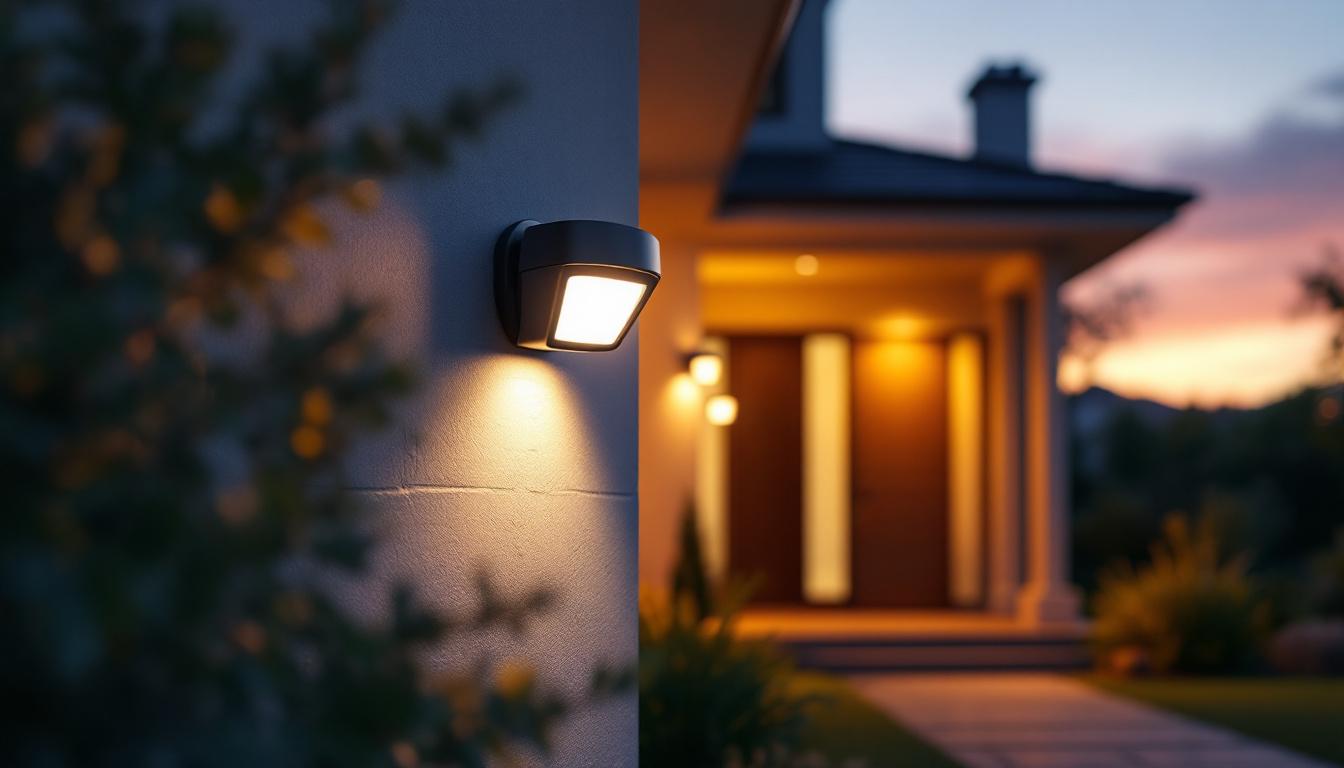 A photograph of a well-lit outdoor security light illuminating a home entrance at dusk