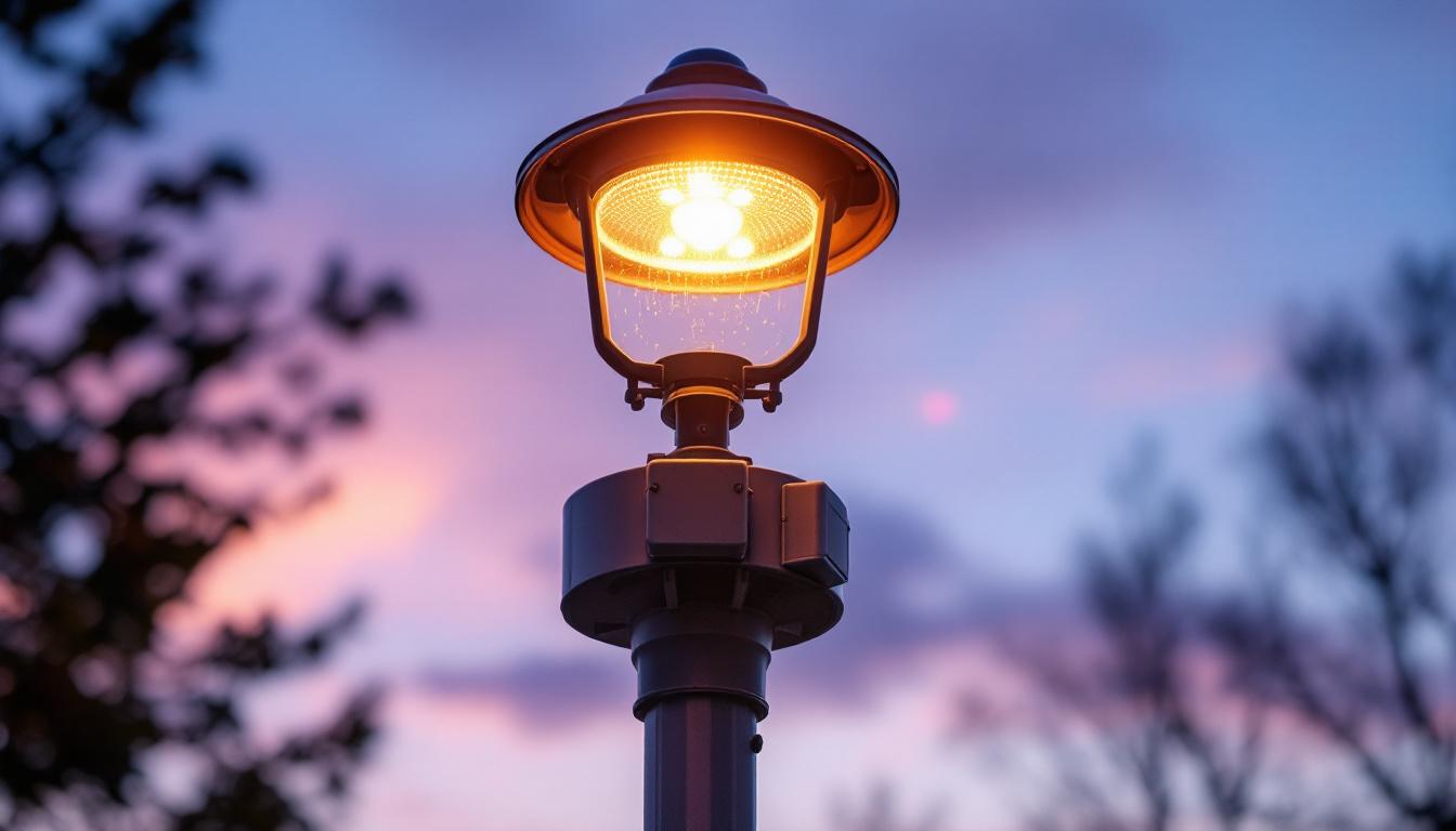 A photograph of a lamp post equipped with a light sensor at dusk