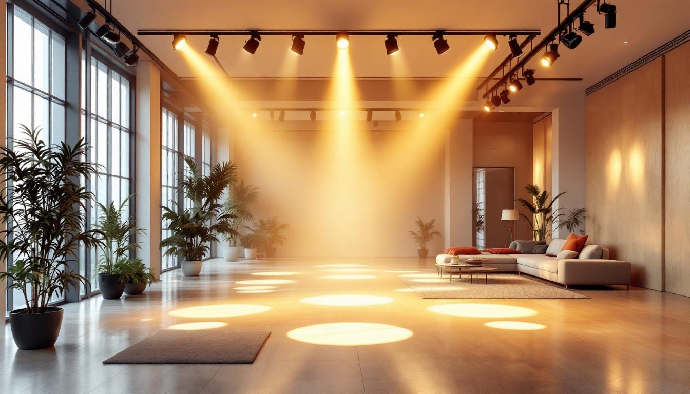 A photograph of a spacious interior showcasing an impressive large-scale spotlight track lighting installation