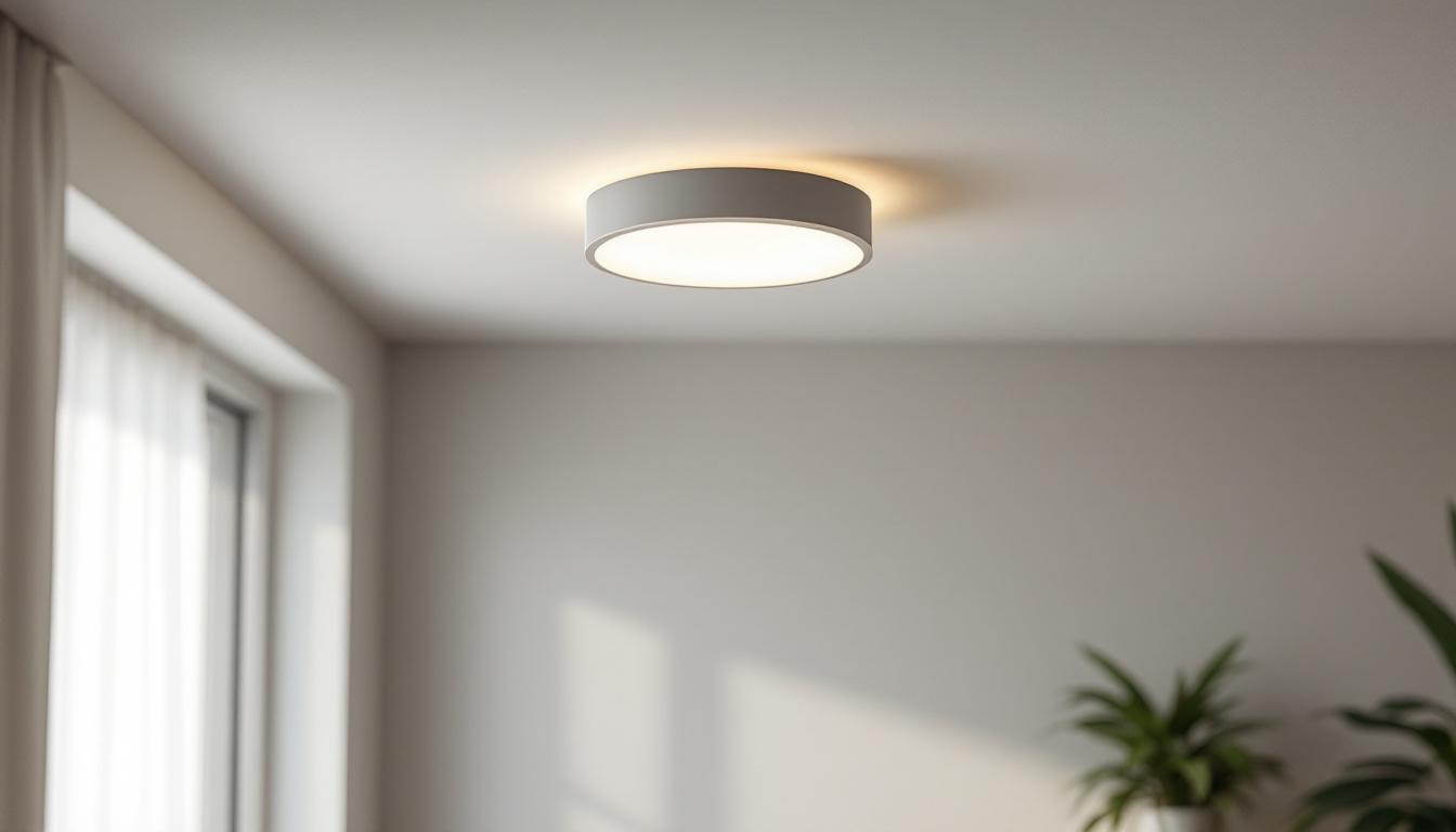 A photograph of a stylish and modern flush mount ceiling light installed in a well-lit room