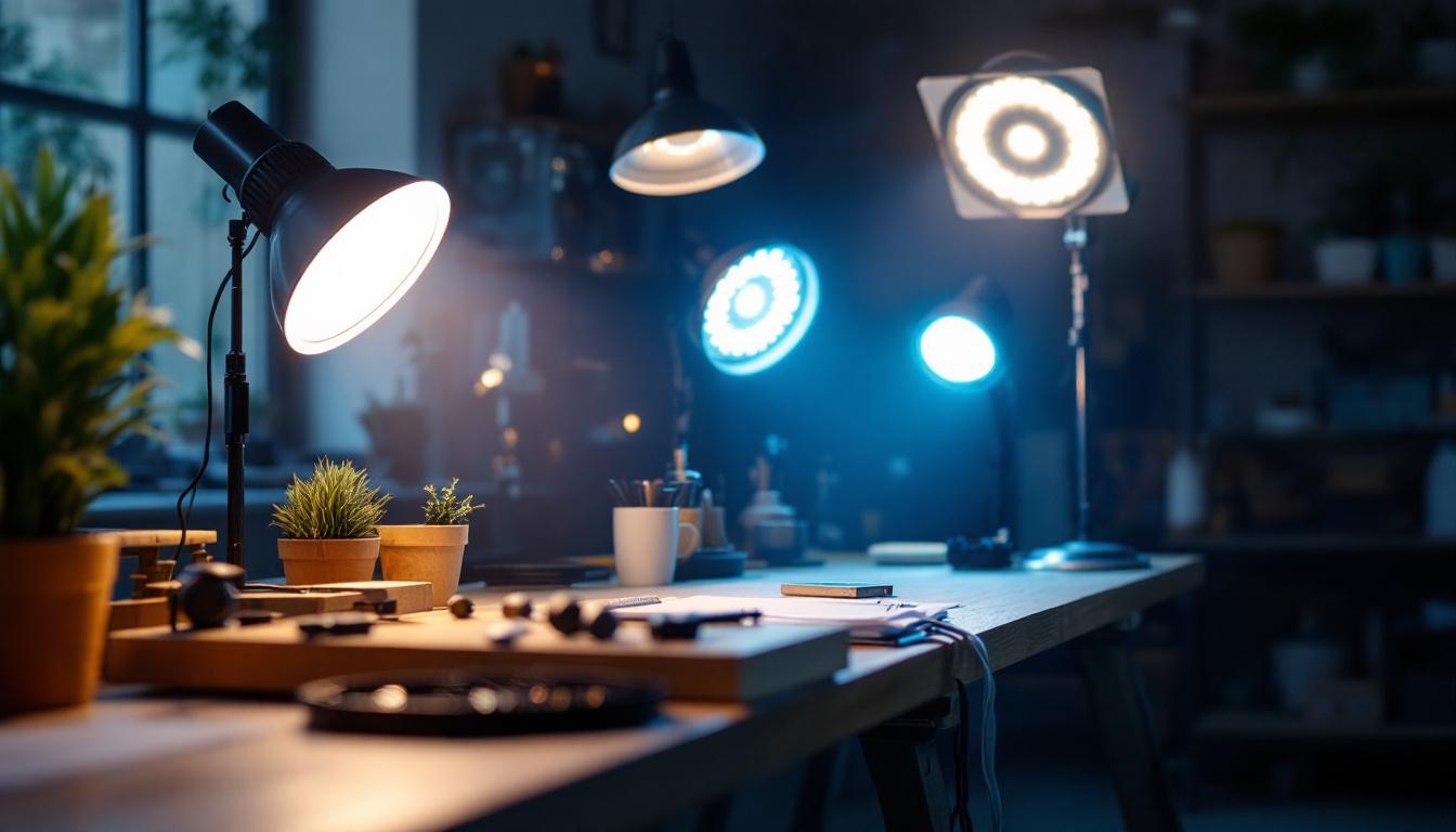 A photograph of a well-lit workspace featuring various led shop lights in use