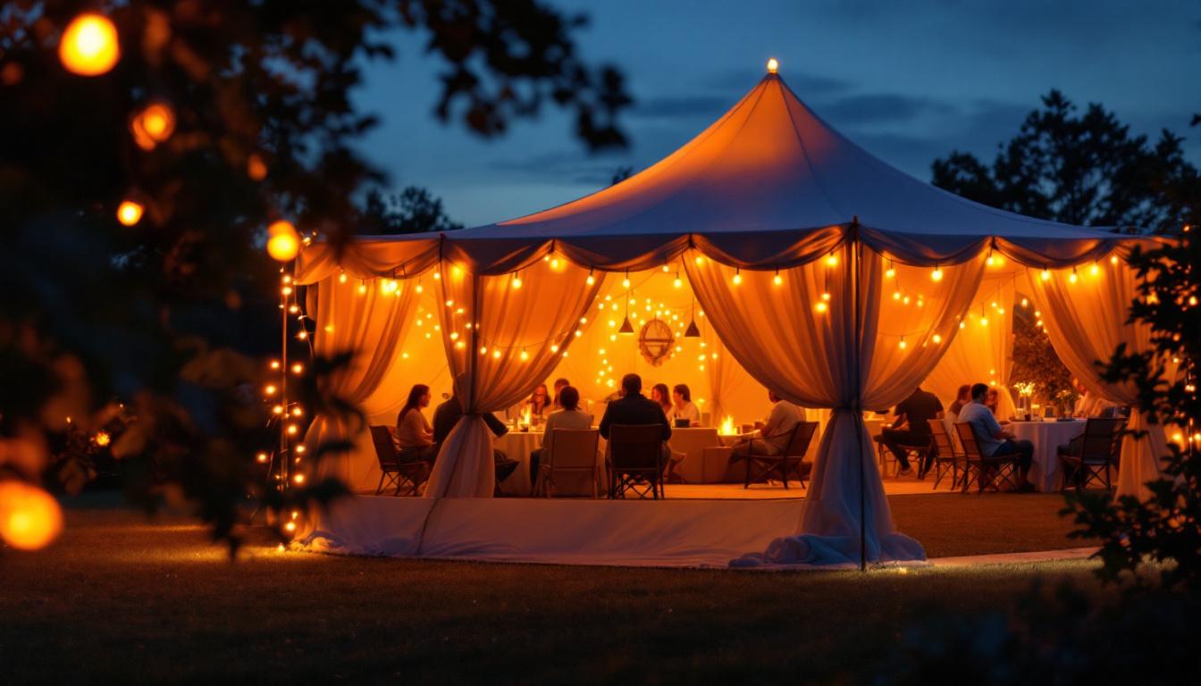 A photograph of a beautifully illuminated canopy tent at dusk