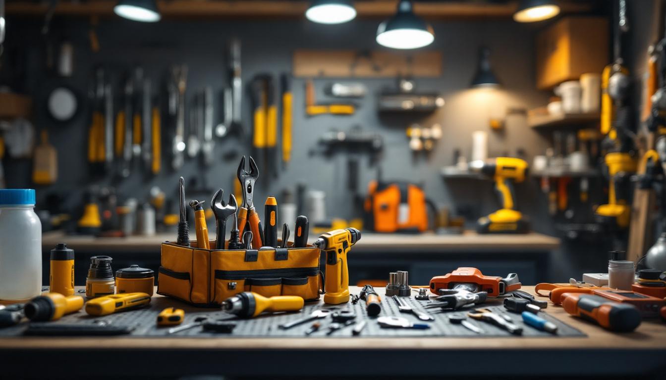 A photograph of a well-organized electrician's tool set displayed on a workbench