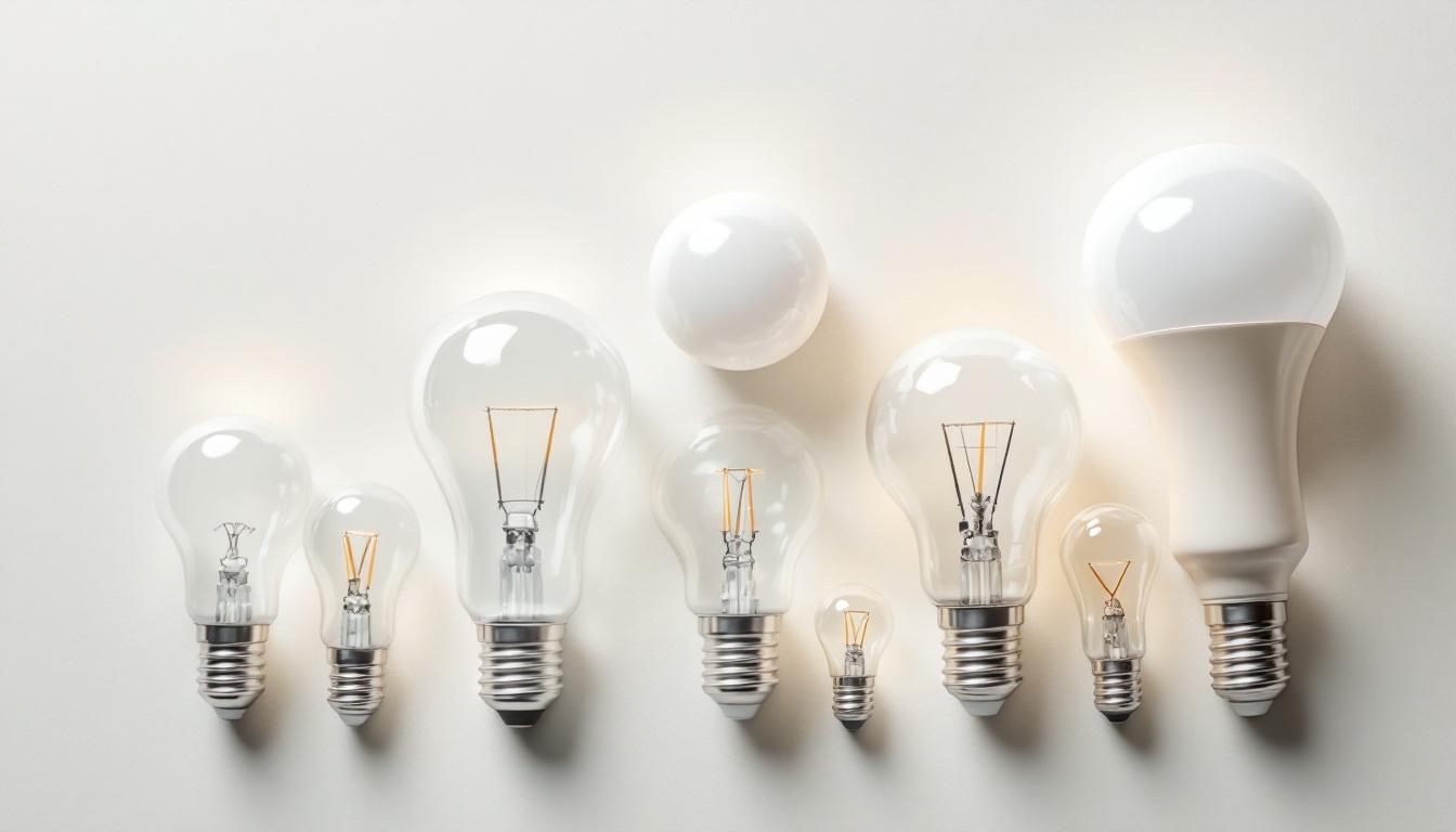 A photograph of a collection of standard light bulbs of various shapes and sizes arranged on a clean