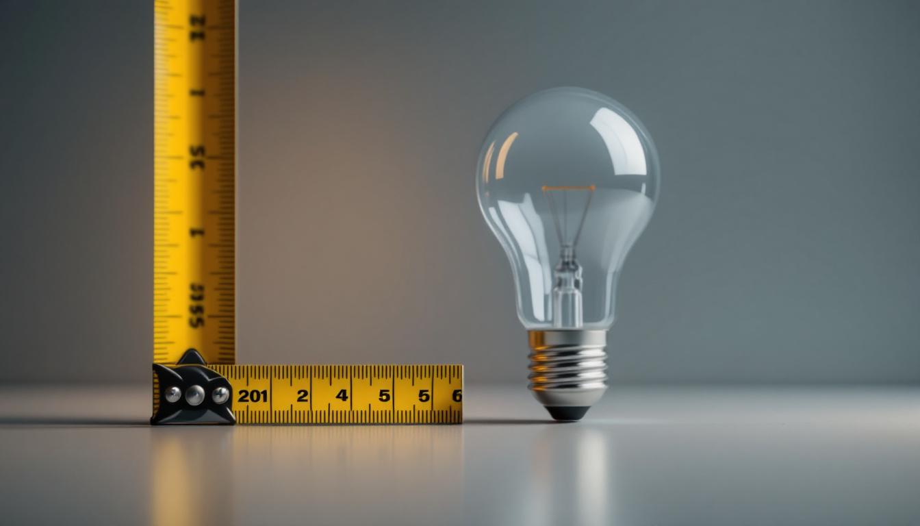A photograph of a close-up shot of an a19 light bulb alongside a tape measure