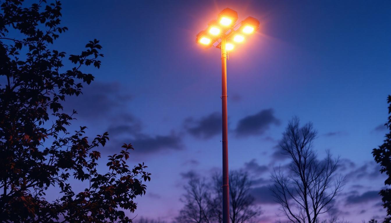 A photograph of a 20-foot street light pole illuminated at dusk