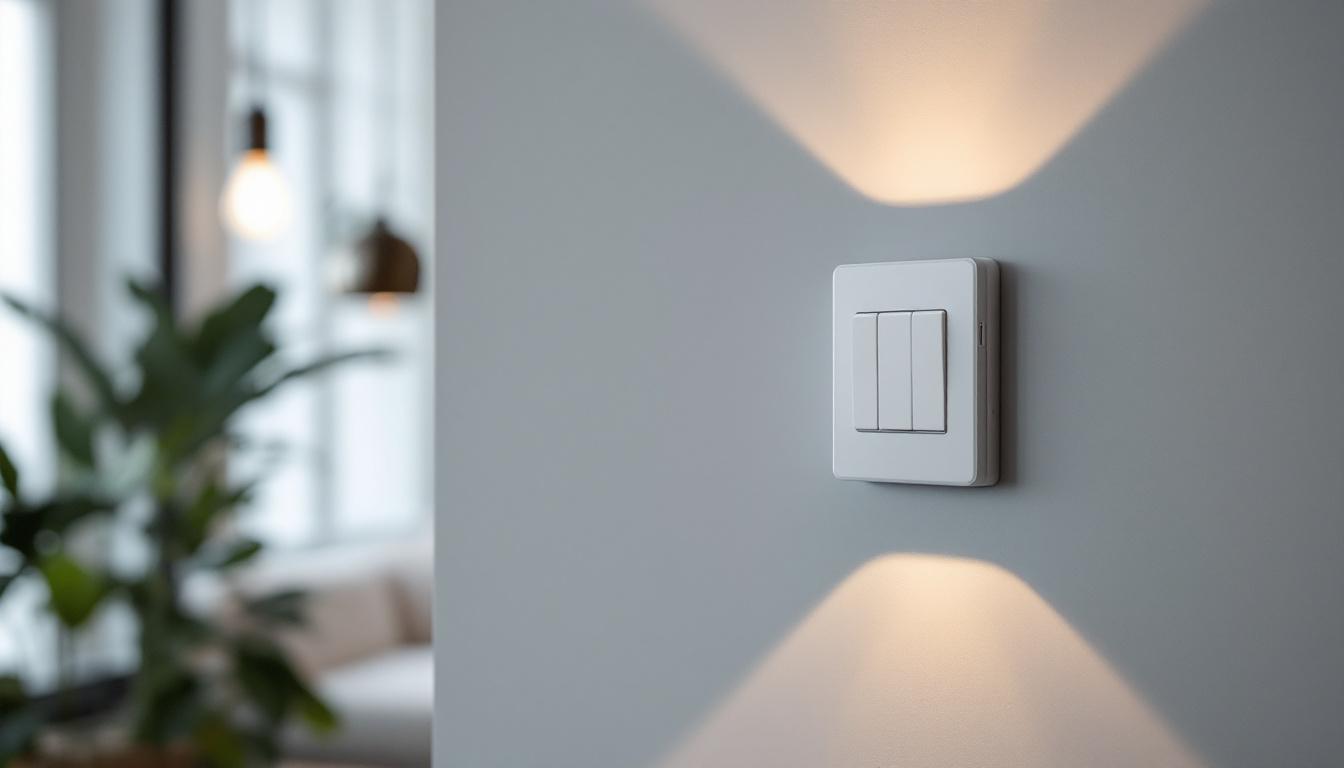A photograph of capture a photograph of a well-lit lighting switch box installed in a stylish interior setting