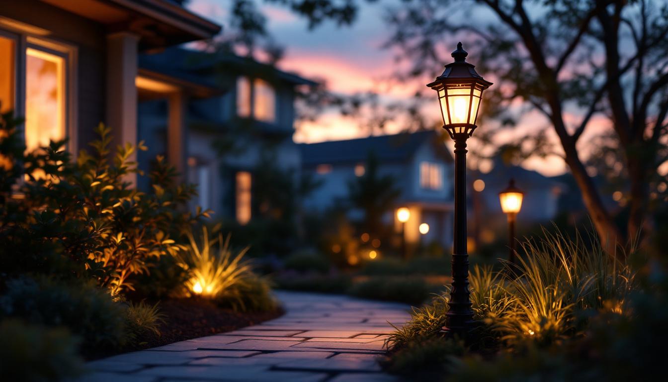 A photograph of a beautifully illuminated front yard lamp in a residential setting during twilight