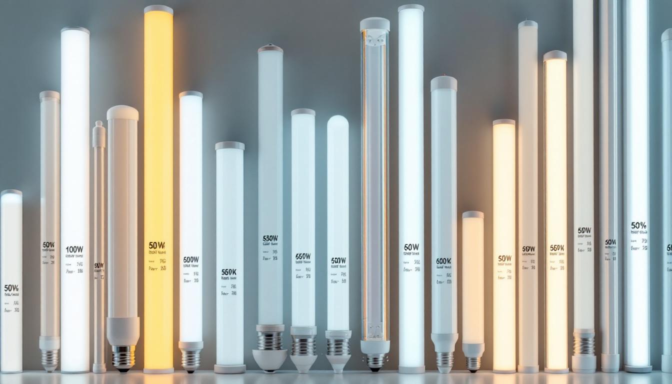 A photograph of a variety of fluorescent tube types displayed side by side