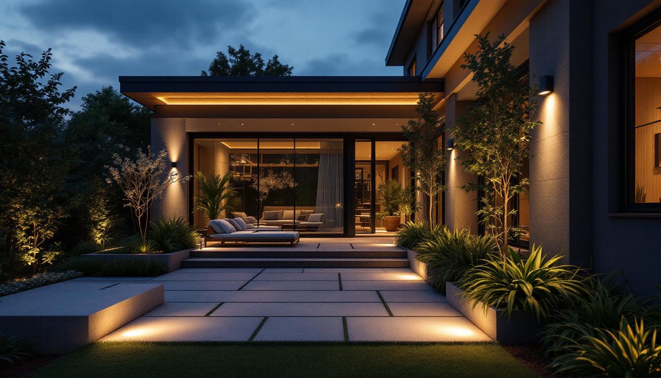 A photograph of a beautifully designed exterior space featuring recessed downlights in action