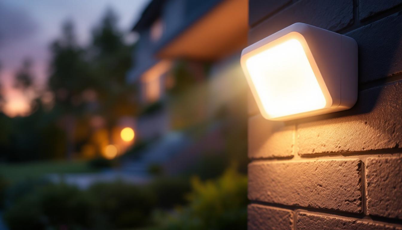 A photograph of a modern led security light with a motion sensor installed in a residential outdoor setting
